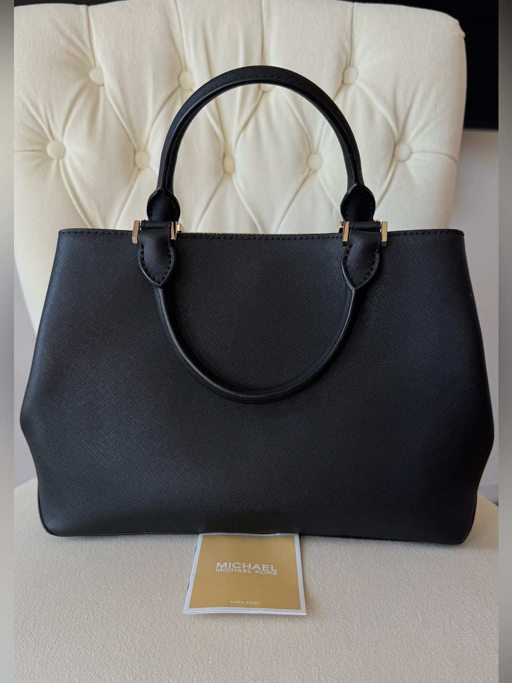 Michael Kors Florence Medium Saffiano Leather Satchel - Black/Gold - Picture 4 of 8